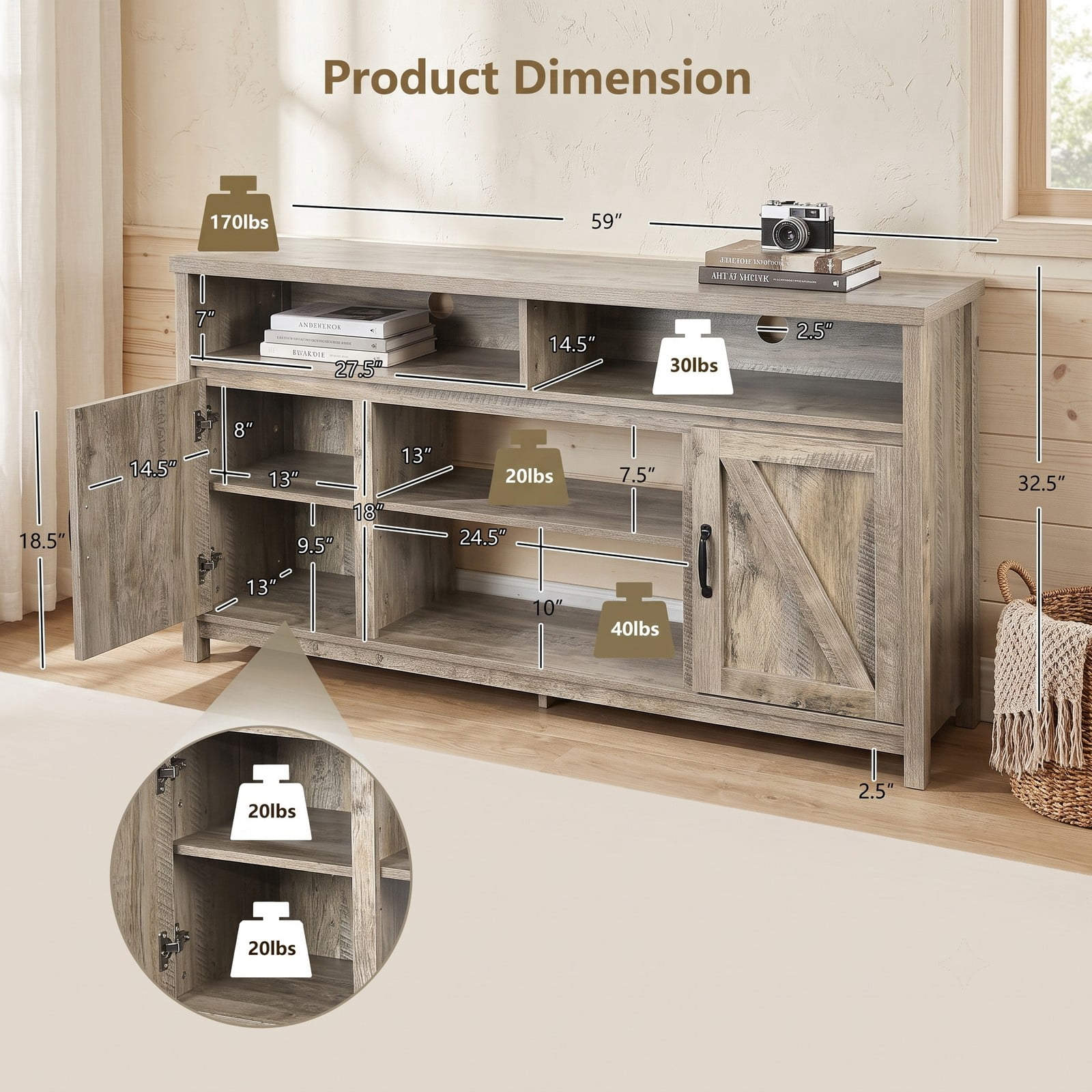 Furnibear 59 Inch TV Stand Media Console Cabinet with Barn Door for 65 Inch TVs, Wood Entertainment Center with Adjustable Shelves and Cable Management, Natural Brown