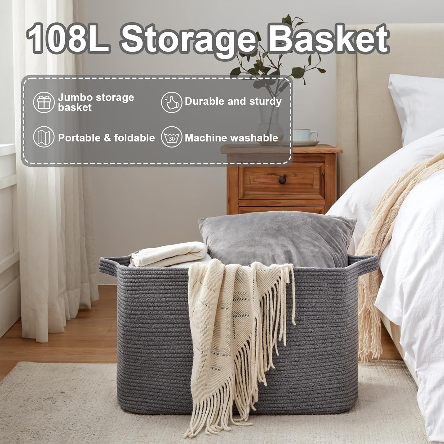 108L Extra Large Blanket Basket, 24.8" x 16.2" x 16.2" Rectangle Woven Storage Baskets for Living Room, Nursery, Bedroom, Toy Basket with Handle (Dark Grey)