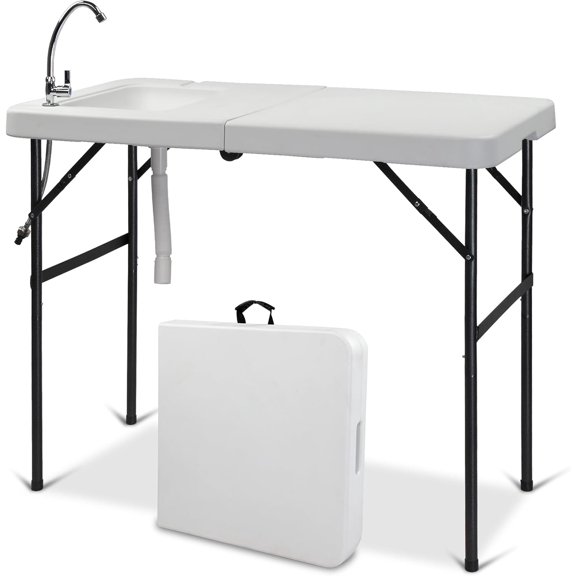PINDEE Fold in Half Folding Fish Cleaning Table with Sink, Bi-Folding Outdoor Portable Camping Game Sink Table,Fish Fillet Cutting Table with Drainage Hose for Patio Backyard BBQ