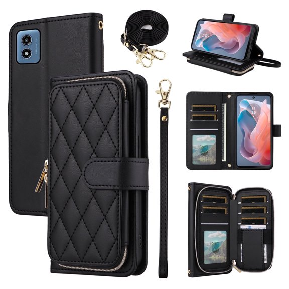 Furiet Argyle Wallet Case for Motorola G Play 5G 2024 with Wrist Strap Shoulder Strap Card Slots Zipper Purse Luxury PU Leather Stand Cell Phone Cover for Moto G Play 5G 2024 Women Girls Black