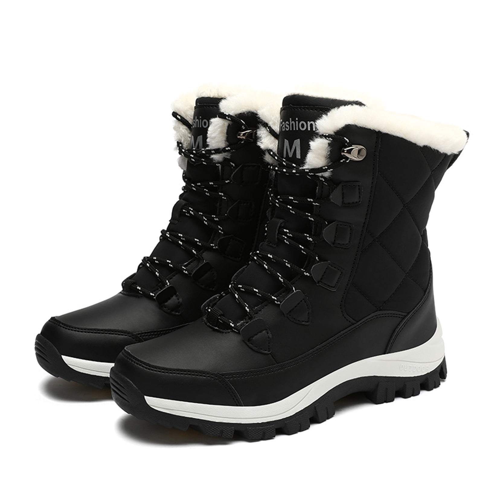 Gyexs Womens Snow Boots Waterproof Insulated, Womens Winter Shoes Wide, Adjustable, Bungee, Hiking, Bump Toe, Outerwear, Black, Size 7