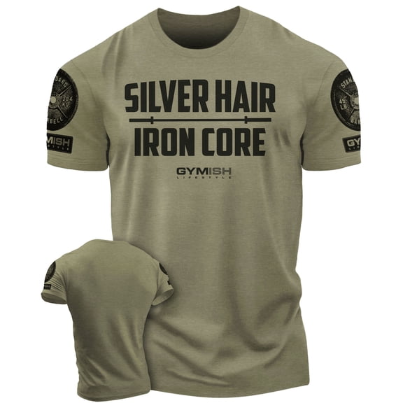 Gymish Silver Hair Iron Core Workout Shirt for Men – Motivational Gym T-Shirt, Athletic Fitness Wear, Military Green with Sleeve Logo, Small
