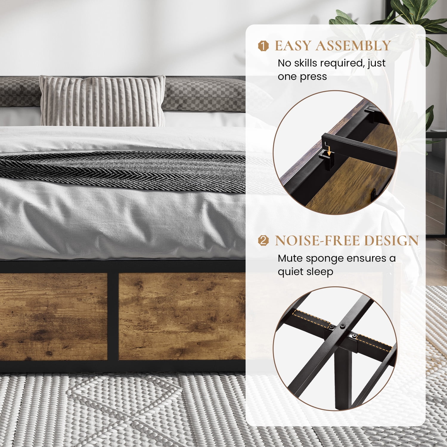 Merrland Queen Size Platform Industrial Bed Frame with 4 Large Storage Drawers, Brown