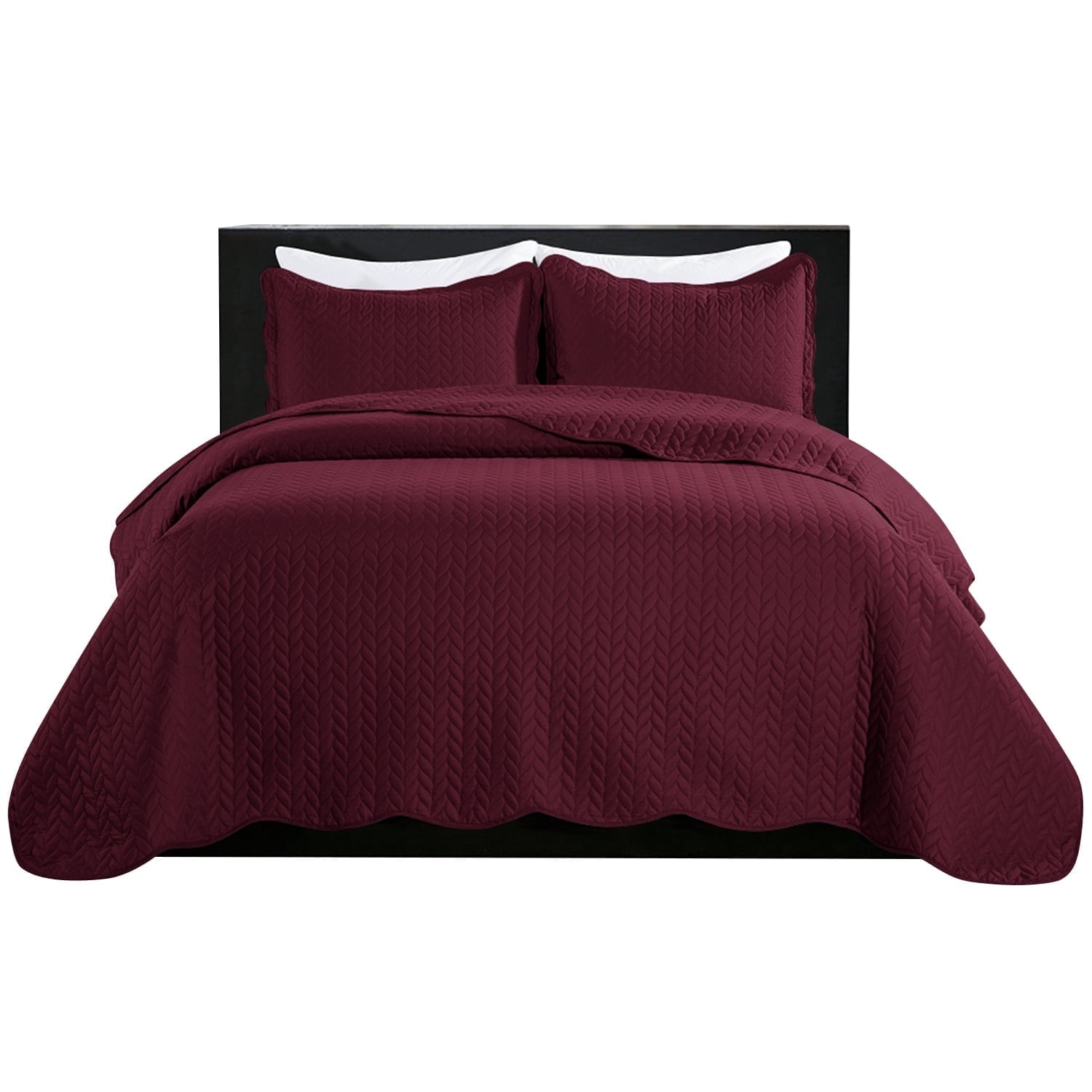 Imperial Rooms 2 Piece Quilt Set Soft Microfiber Chevron Pattern Bedspread & Coverlet with 1 Sham Reversible Burgundy Twin