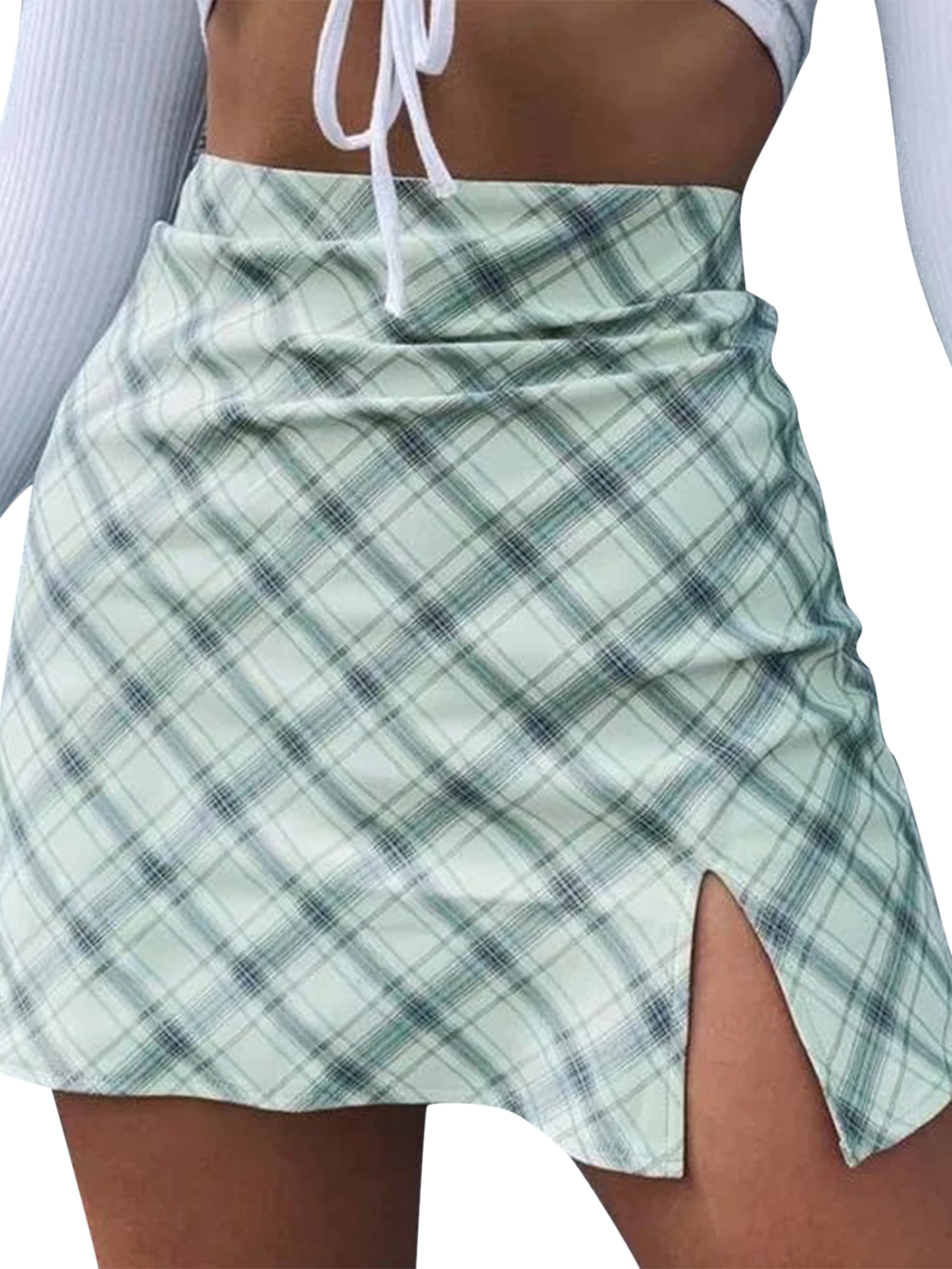 Women Basic Plaid Skirt Split High Waist Bodycon Mini Skirt with Under Shorts