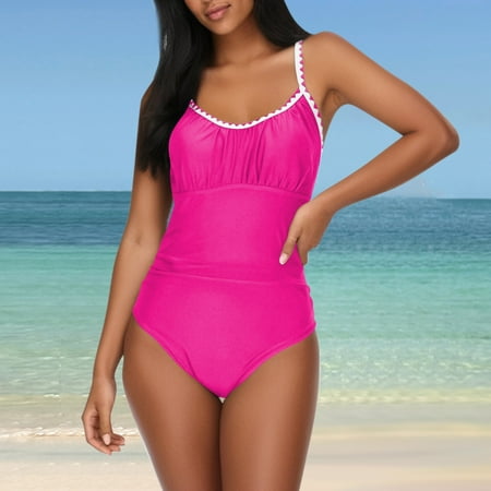 VgaVtl Bathing Suits for Women Plus Size One-Piece Women Swimsuit Solid Color Tummy Control Party Bikinis Swimsuits Pink XXL