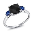 thumbnail image 3 of Gem Stone King 10K White Gold Black Onyx and Blue Created Sapphire 3 Stone Engagement Ring for Women (1.73 Cttw, Cushion Checkerboard 7MM, Gemstone December Birthstone, Size 6.5), 3 of 6
