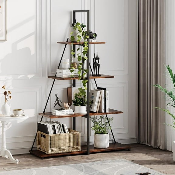 TROPOW Book Shelf, 4-Tier Bookshelf with A-Shaped Frame, Sturdy Ladder Shelf Display, Wood and Metal Bookcase Storage Organizer for Living Room, Home Office, Bedroom,Retro