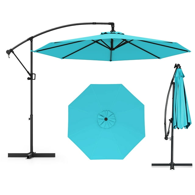 Gymax Parasol Déporté de Patio 10 Pi avec Base en X, Inclinaison Infinie et Rotation à 360°, Turquoise