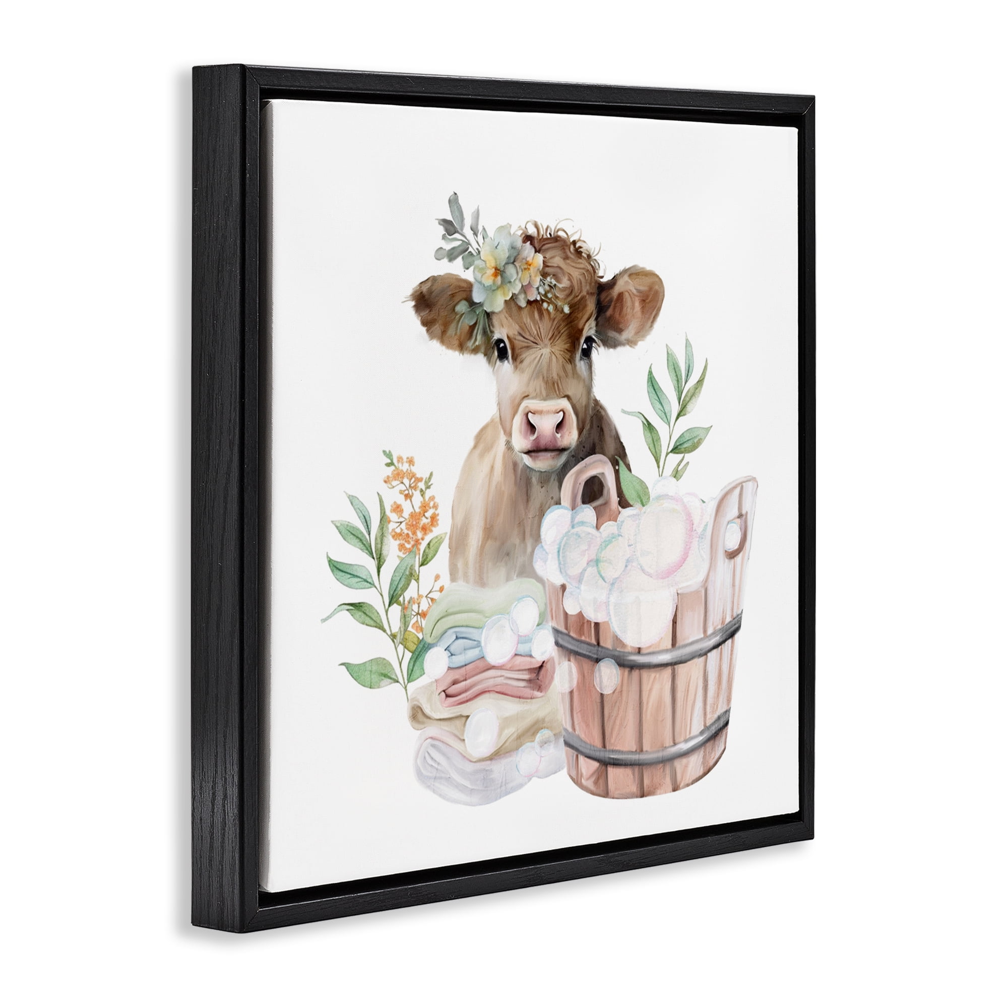 Laundry Day Baby Cow Black Framed Floater Canvas Wall Art, design by Kim Allen