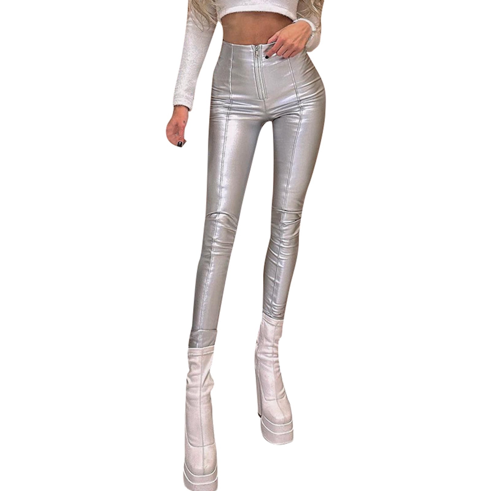 PEASKJP Leather Pants for Women Stretchy Sexy High Waisted Tights Faux Leather Leggings Silver M