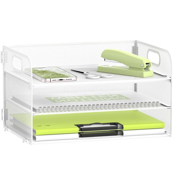 Daltack 3-Tier Paper Organizer with Handle, Mesh Desk Organizer Letter Tray, Paper Tray Organizer File Organizer for A4 File Folder, White
