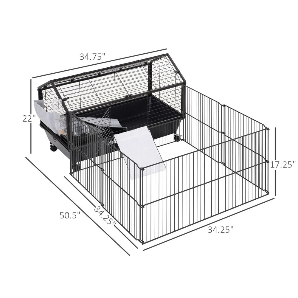 GVN Rolling Metal Rabbit, Guinea Pig, or Small Animal Hutch Cage with Main House and Run