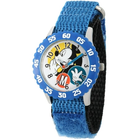 Disney Mickey Mouse Boys' Stainless Steel Time Teacher Watch, Blue Bezel, Blue Hook-and-Loop Nylon Strap