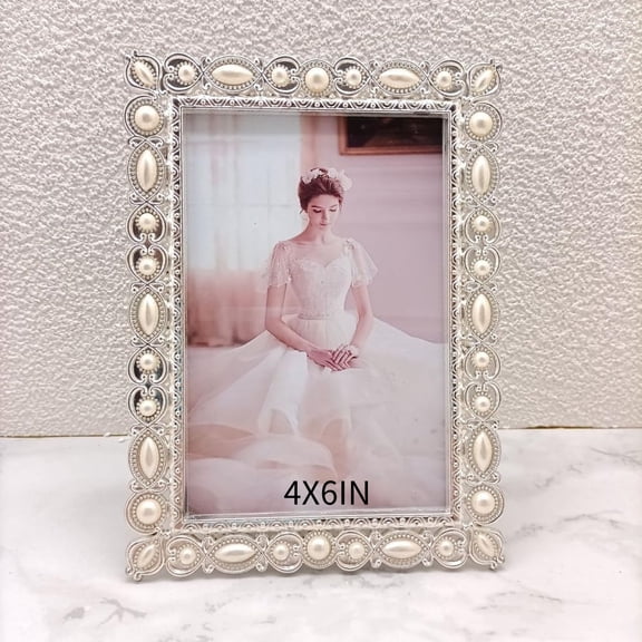 4x6in Vintage Metal Picture Frame White Big Pearl Photo Frame Wedding Decoration, Clear Glass Front, Unique Tabletop or Wall Display, Horizontally & Vertically,Perfect Gift Choice