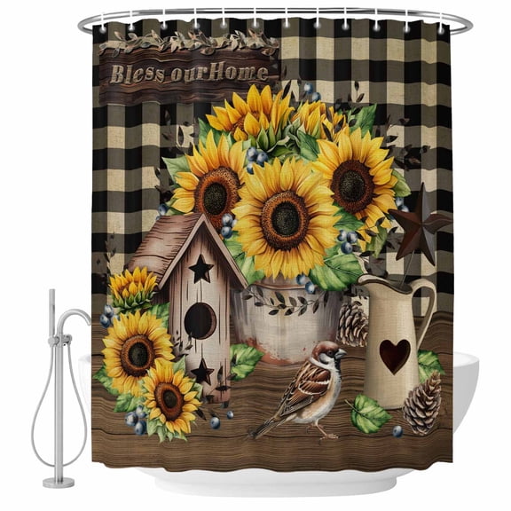 Yellow Sunflowers Shower Curtain, Waterproof Shower Curtains for Bathroom, Western Star Brown Farmhouse Plaid Washable Fabric Bathtub Curtain Set Bath Decor with 12 Hooks Stall 36"x72"