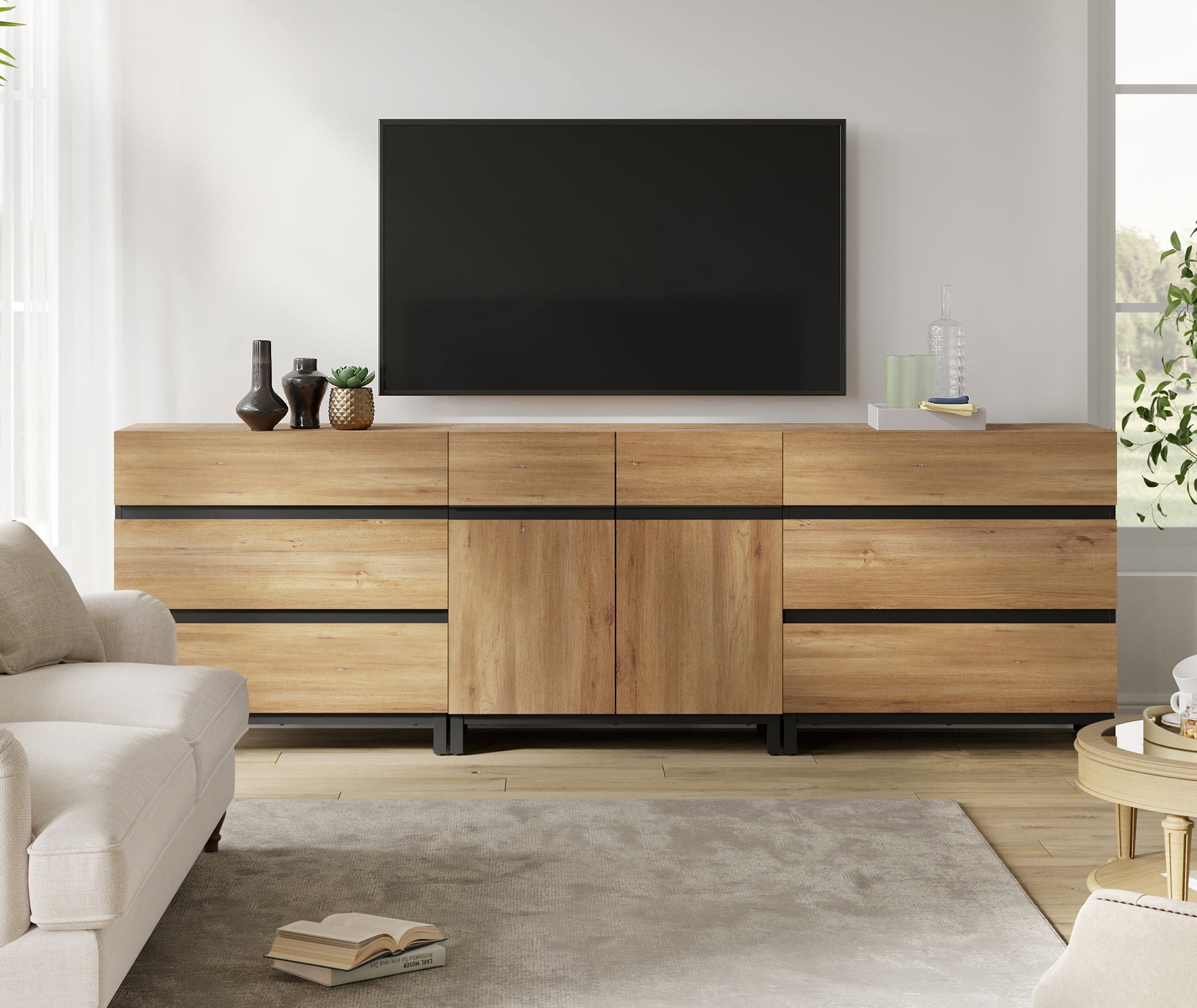 Modern TV Stand For Tvs Up To 100 Inch, 3-In-1 TV Console With Adjustable Shelves And 6 Drawers, Media Console For Living Room And Bedroom,Oak
