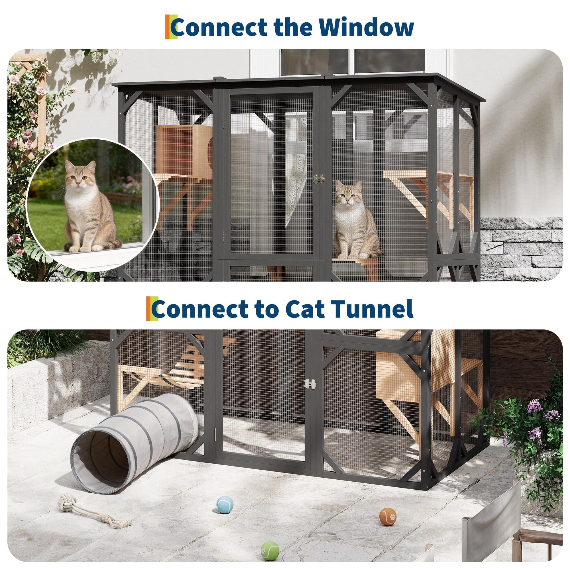 70 inch Walk-in Catio with Window Access, Extra Large Outdoor Cat Enclosure for Multiple Cats, Waterproof Roof Cattery with Bridge and Scratching Post Outside Cat Patio Playpen（ship in 2 boxes）