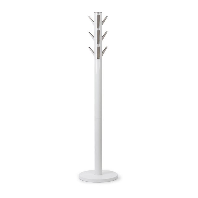 White Flapper Coat Rack with six angled hooks and a sturdy round base for hanging coats.