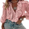thumbnail image 1 of Women Button-down Ruffle Shirt Solid Color V-neck Long Sleeve Blouse, 1 of 6