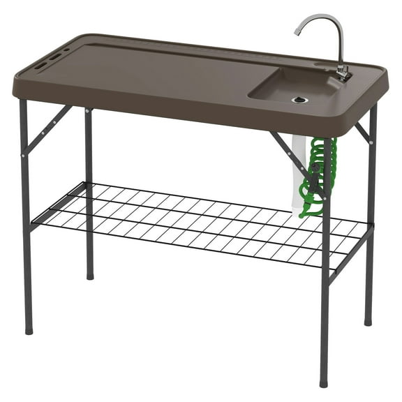 Folding Fish Cleaning Table with Sink, Portable Camping Table with Faucet, Drain Hose & Shelf - Tan