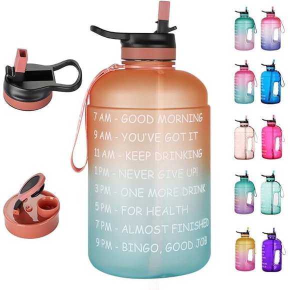 Biwat 1 Gallon Motivational Water Bottle with Time Marker & Straw, 128 oz Large One Gallon Water Bottle with 2 Lids (Chug and Straw) BPA Free Big Water Jug for Sports