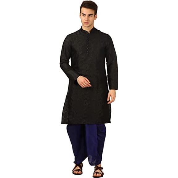Devyom Men's Silk Straight Regular Fit Dhoti Kurta Set (Black, 42)