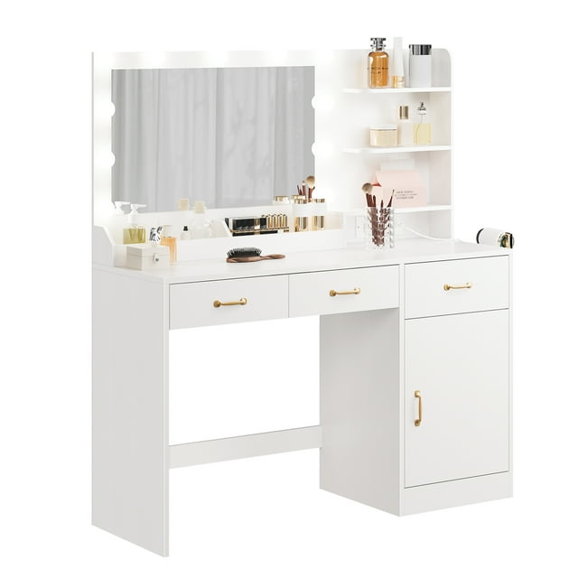 Vanity Desk with LED Mirror & Power Outlet, Makeup Table with 3 Drawers and Storage Shelves