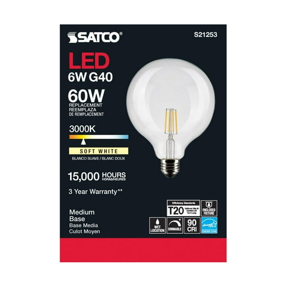 Satco S21253 G40 Globe LED Light Bulbs 6W 120V 3000K 90CRI E26 Medium Base Dimmable (6 Pack)