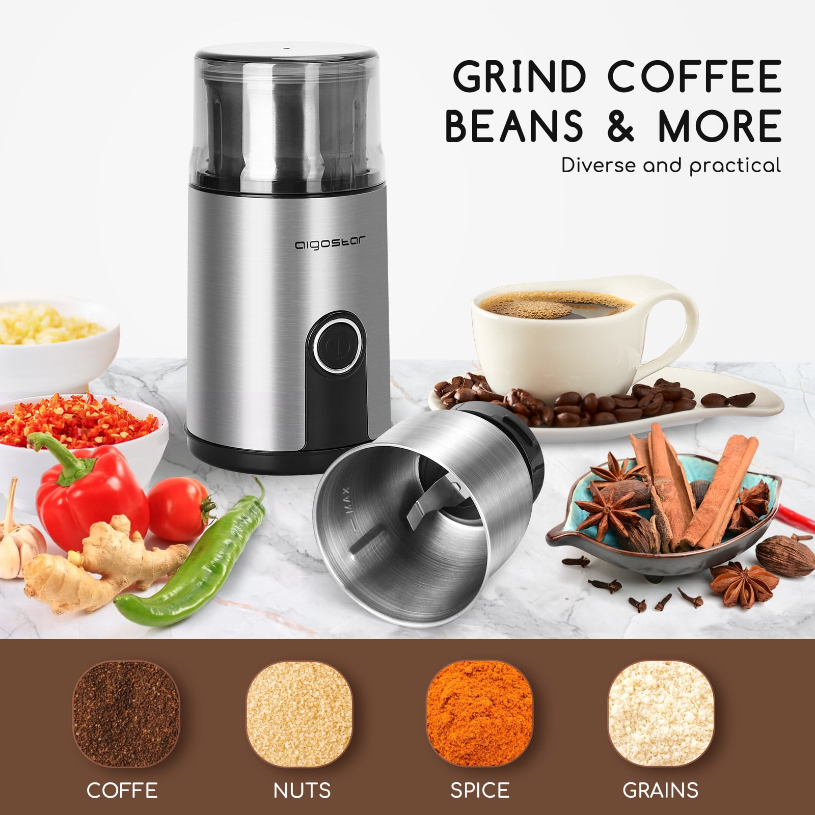 Coffee Grinder Electric, 60g/2oz Large Capacity, Aigostar Coffee Bean  Grinder Spice Grinder w/One Touch Operation, Stainless Steel Blades,  Cleaning