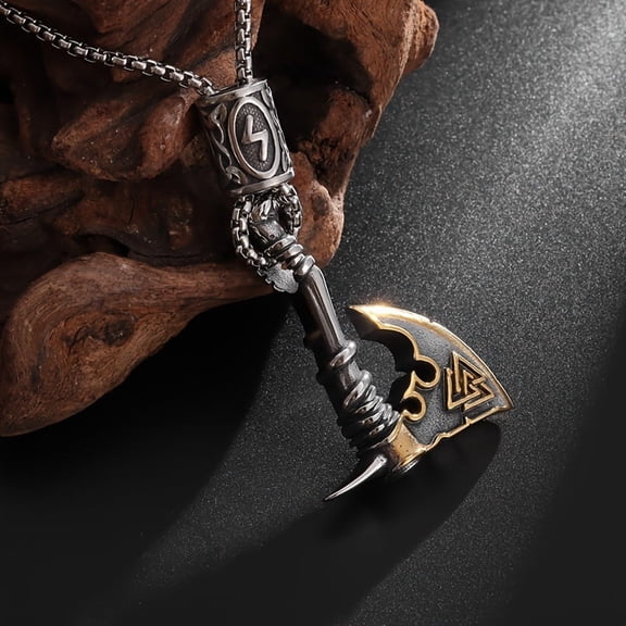 1pc Vintage Nordic Viking Battle Axe Odin Triangle Rune Pendant Necklace Men And Women Punk Lucky Amulet Jewelry Gift,Silver