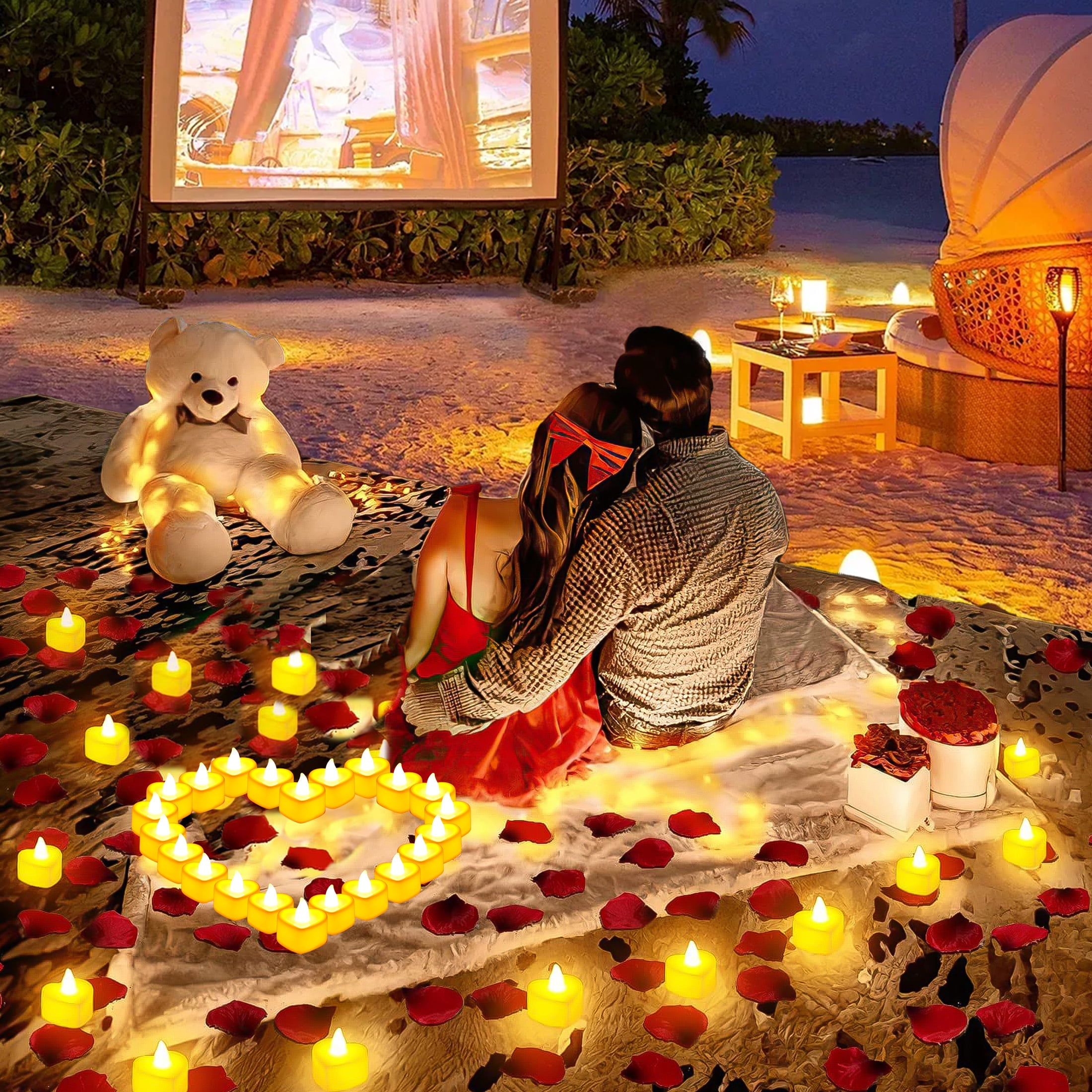 1000pcs Rose Petals for Romantic Night, TSV Fake Red Silk Rose Petals with 24 LED Tea Lights Candles Romantic Night Set