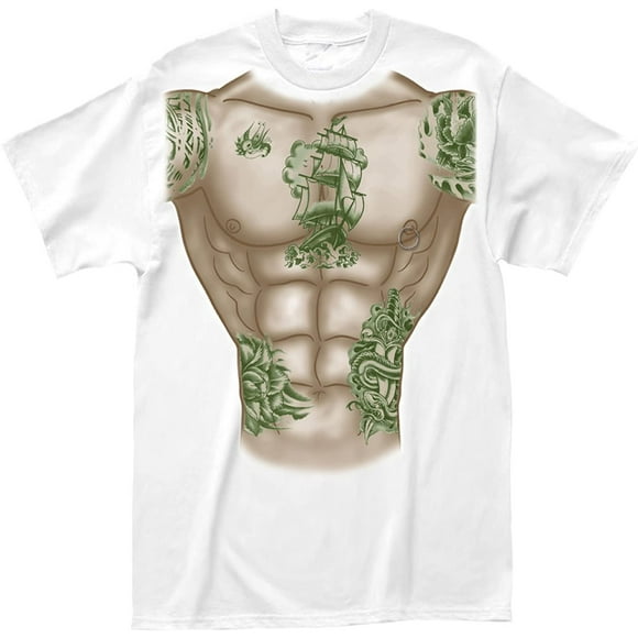 Muscle Homme Tatouage avec Anneau de Mamelon Réel Blanc T-Shirt