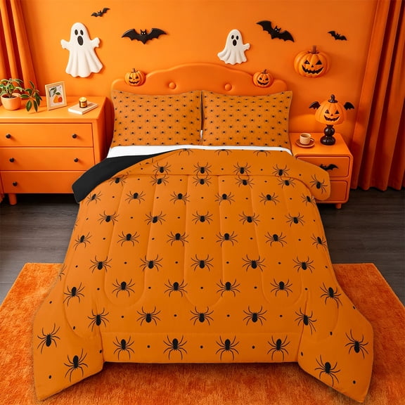 Homewish Simple Halloween Spider Full Size Comforter Sets,Tiny Bug Print Bedding Comforter Set,Orange Black,Black Reversible,3 Pieces,1 Comforter and 2 Pillowcases