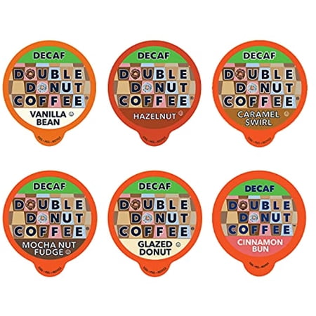 Double Donut Decaf Flavored Coffee Variety Pack - 6 Traditional Flavors (Caramel Swirl, Hazelnut, Glazed Donut, Mocha Nut Fudge, Vanilla Bean, And Cinnamon Bun) For Keurig K Cups Coffee Makers -