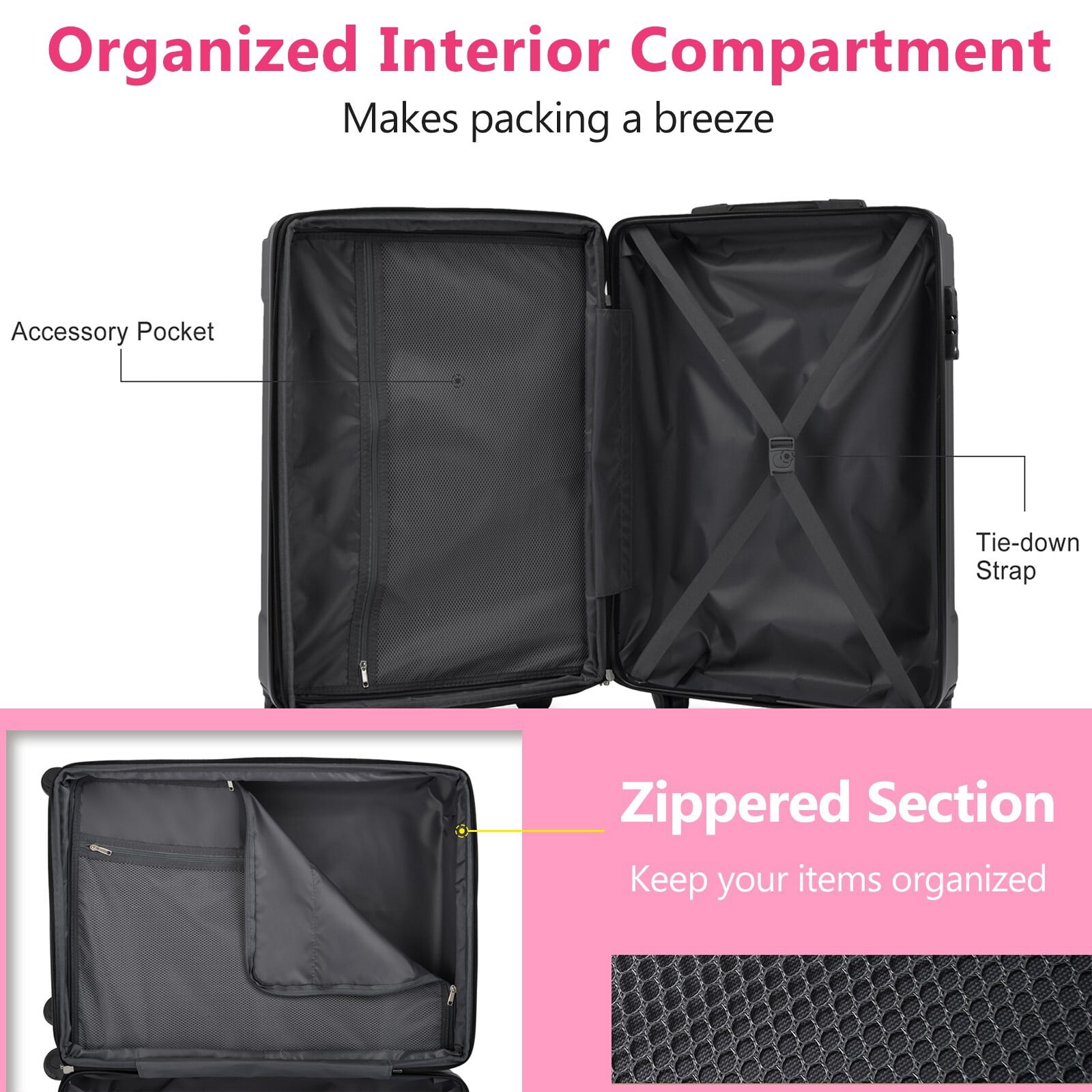 EUROCO 24" Hardshell Checked Luggage, ABS Expandable Suitcase with TSA Lock and Double Spinner Wheels,Lightweight Durable luggage,Pink