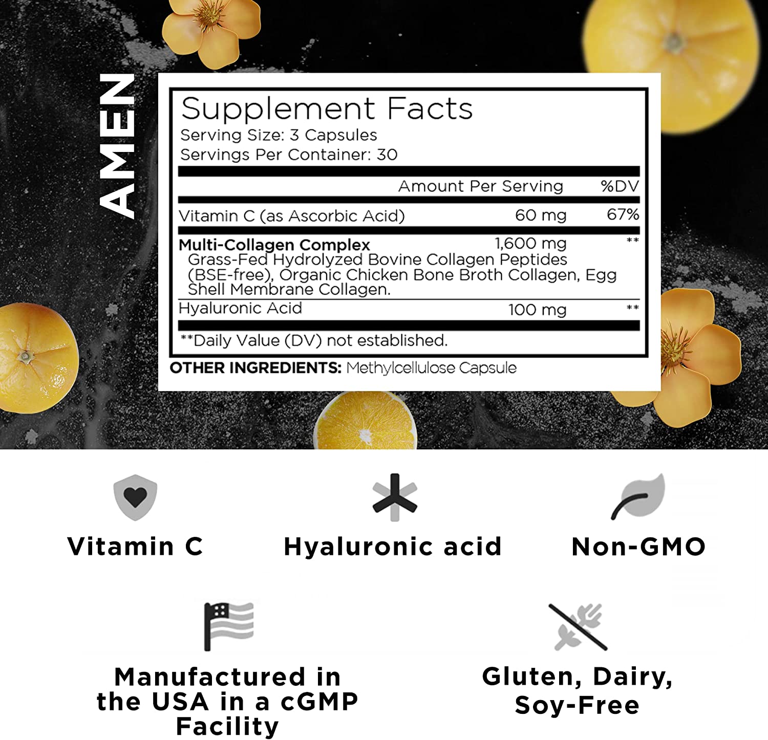 Amen Collagen Peptides Capsules, Hyaluronic Acid, Vitamin C, 90 Ct