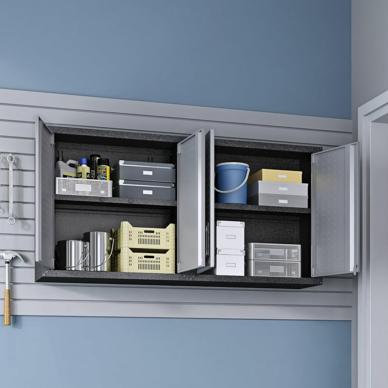 Manhattan Comfort Fortress Metal Floating Garage Cabinets in Grayl Set of 2 Black Grey Dual Floating
