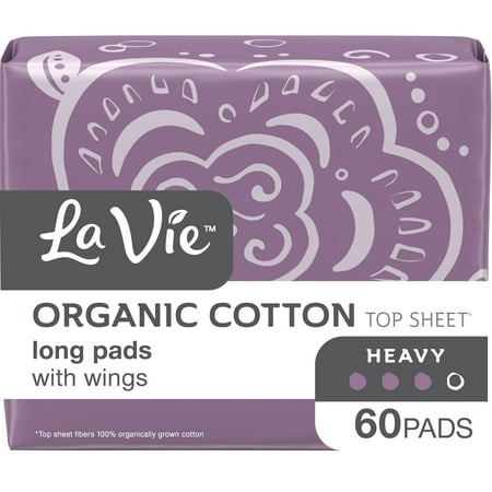 La Vie Organic Cotton Top Sheet* Pads with Wings, Heavy Absorbency, Long, 60 (Best Pads For Heavy Flow Periods In India)