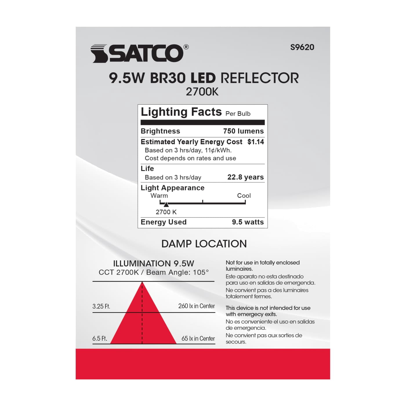 SATCO S9620 9.5W 120V LED Bulb BR30 E26 Base 2700K Dimmable (12 Pack)
