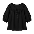 thumbnail image 6 of Lenpel Womens Dressy Casual Blouses V Neck Balloon 3/4 Length Sleeve Tops Fashion Button Front Loose Fit Shirts, 6 of 6