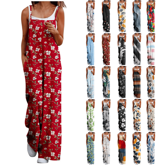 QATAINLAV Boho Womens Overalls with Pockets Loose Fit Wide Leg Jumpsuits Summer Dressy Rompers Beach Vacation Outfits Resort Wear 2025 Gray S Spring Savings