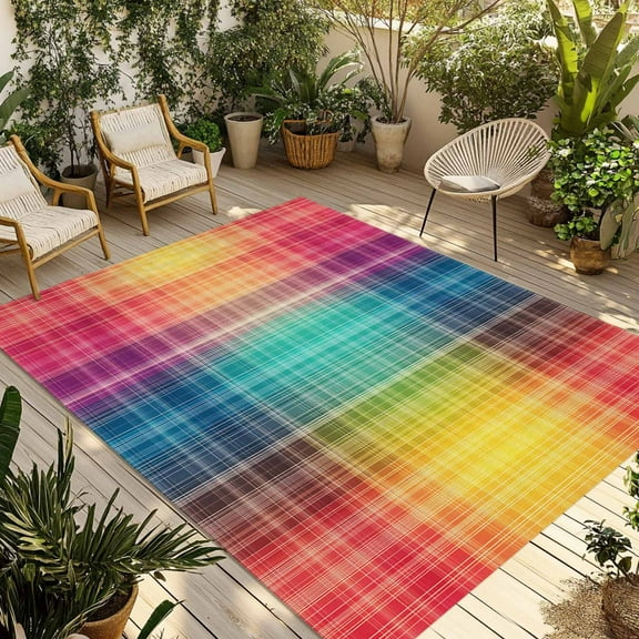 Fsddascl Colorful Plaid Outdoor Rug for Patio/Deck/Porch, Non-Slip Large Area Rug 6 x 9 Ft, Modern Chic Rainbow Gradient Striped Indoor Outdoor Rugs Washable Area Rugs, Reversible Camping Rug Carpet