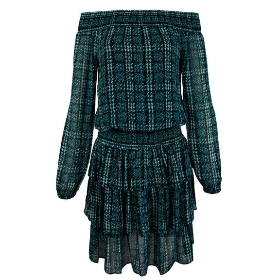 Michael Kors Tweed Haberdashery Print Georgette Off-The-Shoulder Dress-DT-M