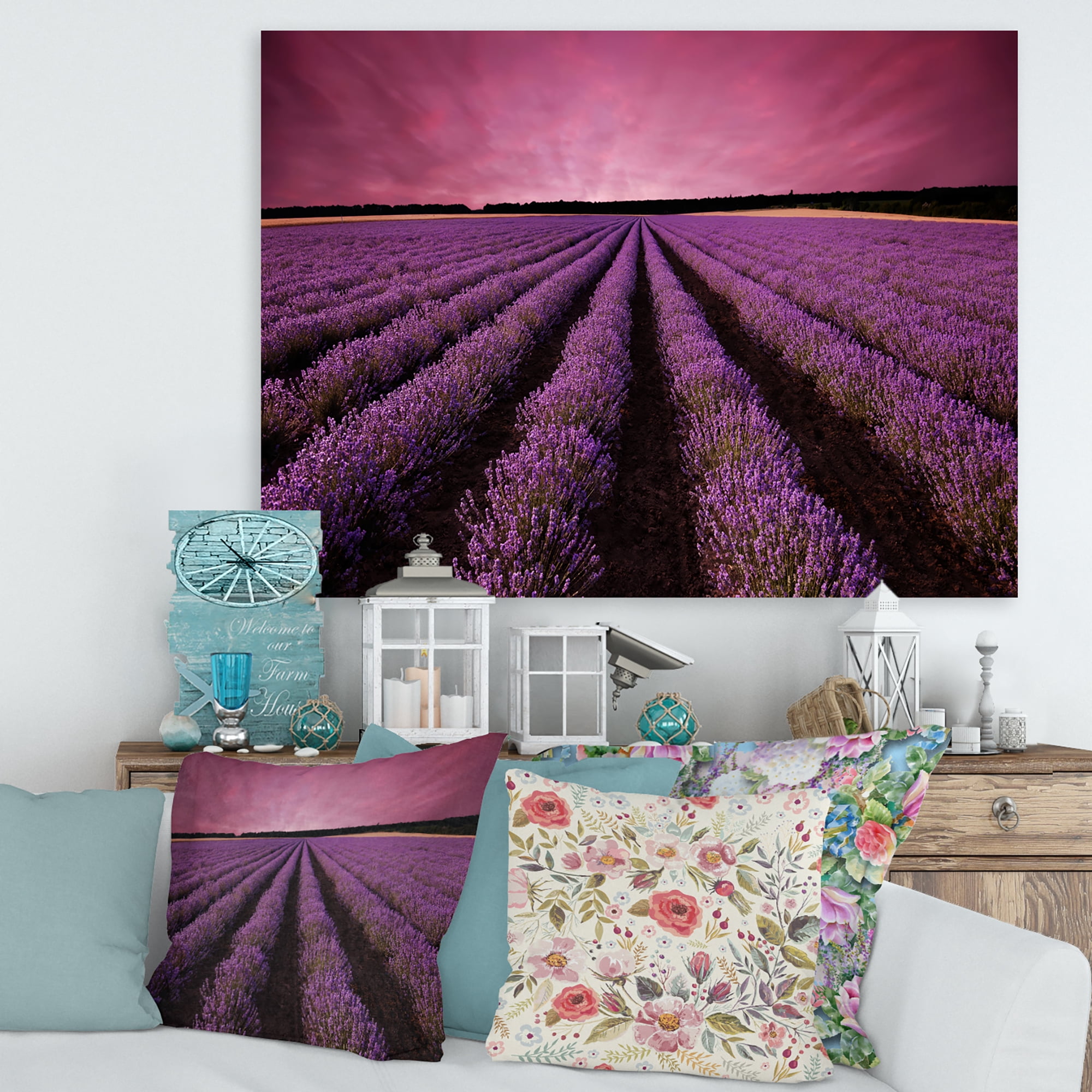 Dramatic Clouds and Sunrise Over Lavender Field XI 32 in x 16 in Photography Canvas Art Print, by Designart