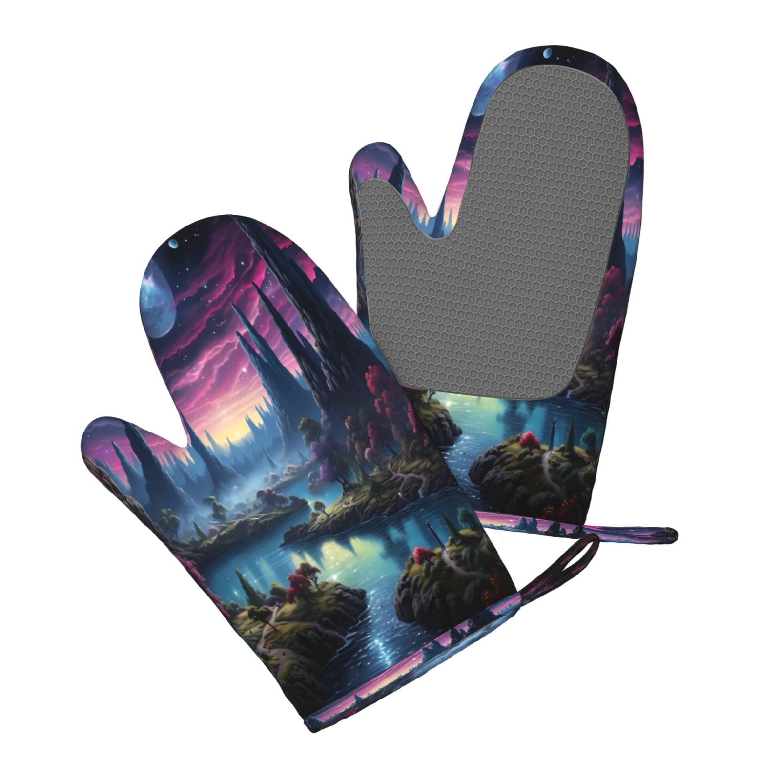 Hirioo Fantasy Landscape Starry Night for Silicone Oven Mitts for BBQ, Baking, Cooking, Set of 2, Heat Resistant 260℃, Non-Slip Kitchen Essentials