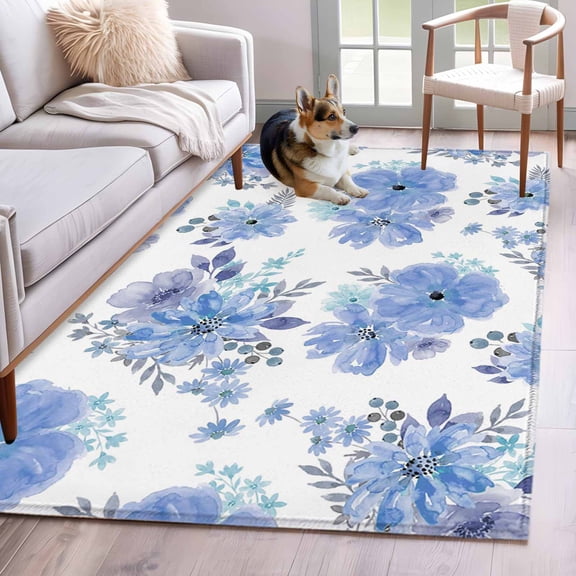 Rectangle Area Rugs 2.7 x 5 Ft, Blue Watercolor Floral Non-Slip Residential Carpet, Spring Flower Abstract Art Indoor Crawling Mats Runner Rugs for Living Room/Dining Room/Bedroom