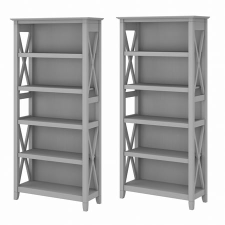 Bush Furniture Key West Tall 5 Shelf Bookcase Set of 2 Cape Cod Gray