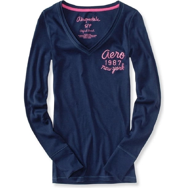 Camiseta gráfica con cuello en V para mujer de Aeropostale, azul, grande Aeropostale Camiseta gráfica