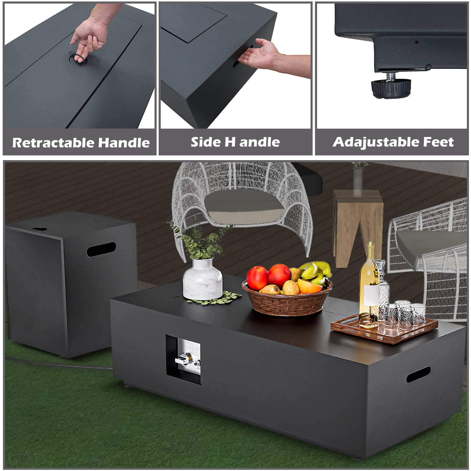 ConToose 42inch Propane Rectangle Fire Pit - Black, 50,000 BTU, Iron Body, Pulse Ignition with Complete Accessories